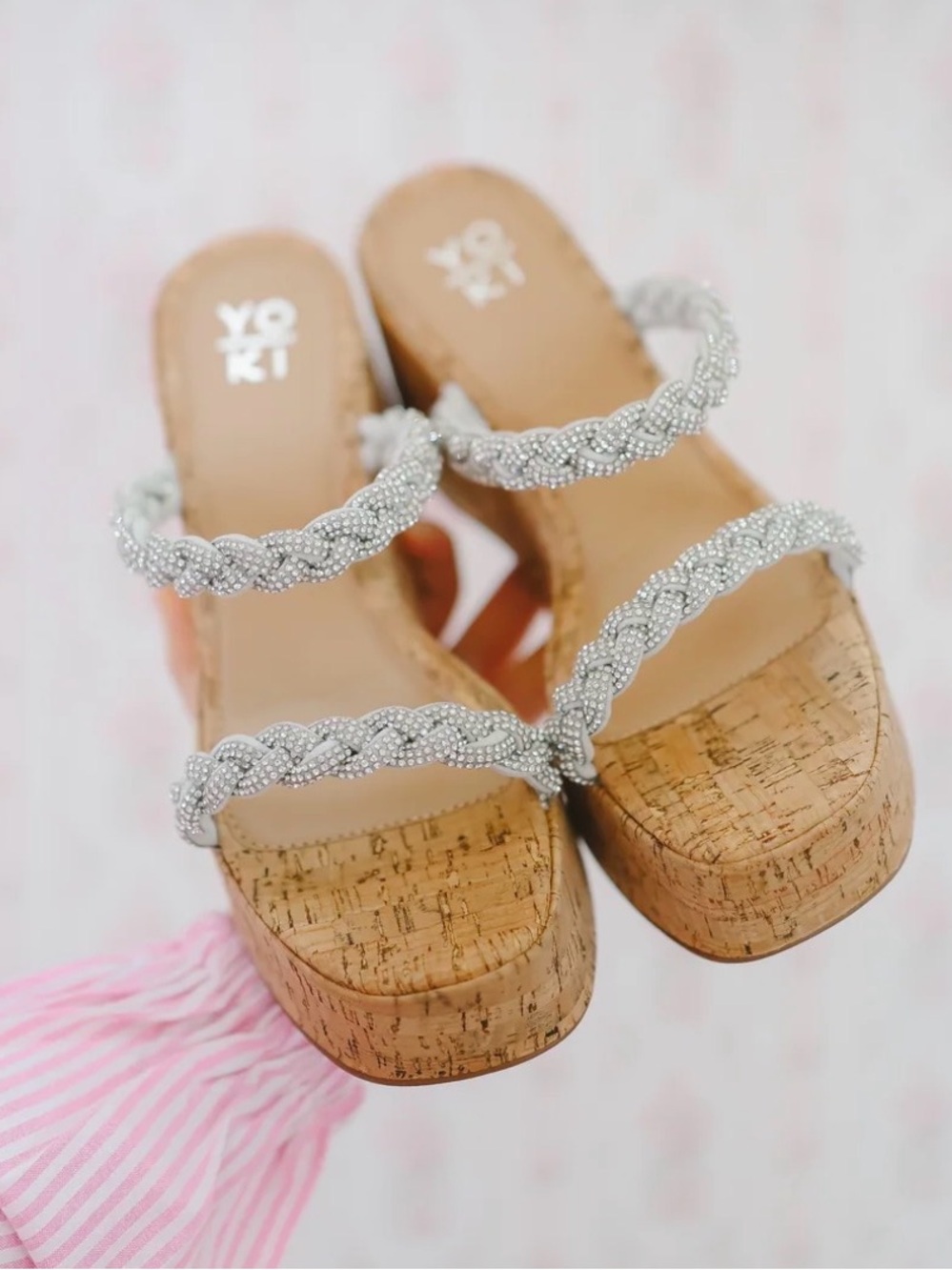 New!! Size 9 - Crystal Strap Cork Wedge Sandals - Silver